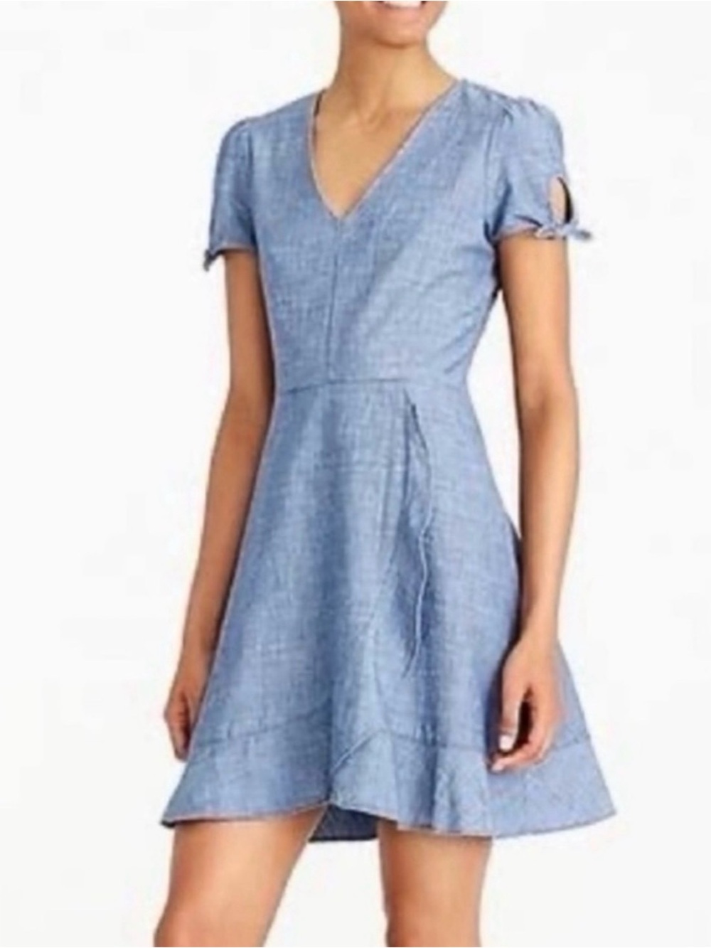 J. Crew Chambray V-Neck Short Sleeve Tie Dress in Denim Blue